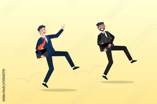 Happy success businessman partner with cheerful jumping metaphor of success in work or career, optimistic or positive thinking, celebrating goal achievement or freedom after work or Friday (Vector) © Art of Ngu