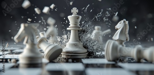 3d rendering, aggressive chess game white queen attacks and destroys other pieces. Damage metaphor, stressful situation, fight concept, Generative AI  photo