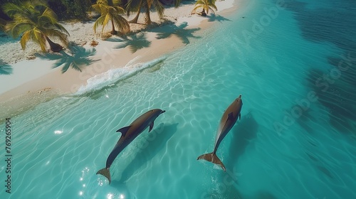 Two common dolphins gracefully swim in the azure waters near the beach photo