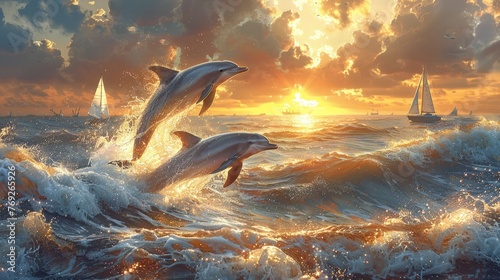 Two dolphins leaping in the water under a sunset sky © yuchen