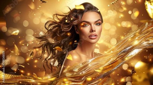 Banner beauty model girl on holiday golden background, woman with beautiful make up and curly hair style golden glow, festive celebration, copyspace . photo