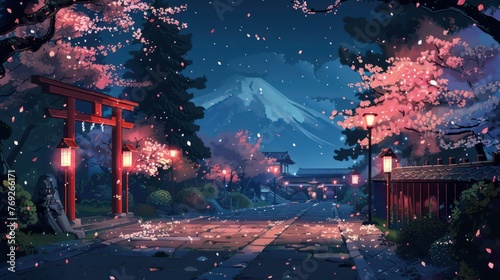 8-bit pixel art of anime cherry blossoms in the beautiful night photo