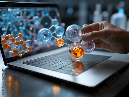 Obraz na płótnie Close-up of scientists hands conducting drug synthesis experiment, molecular mode w salonie