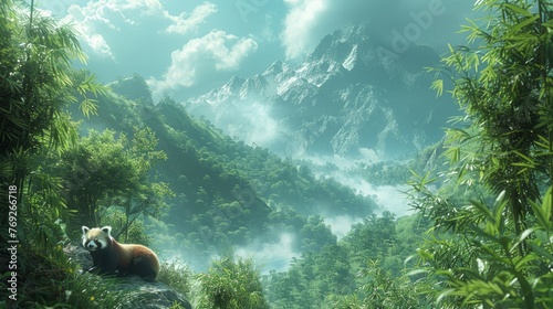 A red panda perches on a forest rock amid lush natural landscape