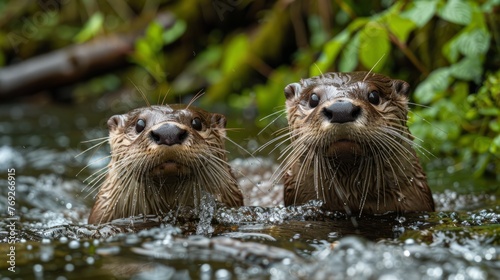 Two mustelids with whiskers swimming in natural watercourse © yuchen