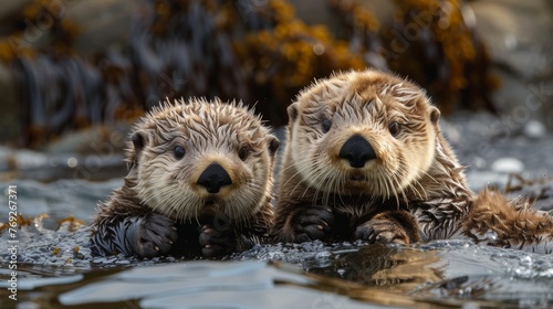 Two sea otters swim together in the water, whiskers glinting in the sunlight