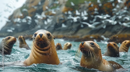 Seals, California sea lions, Steller sea lions swimming in the ocean