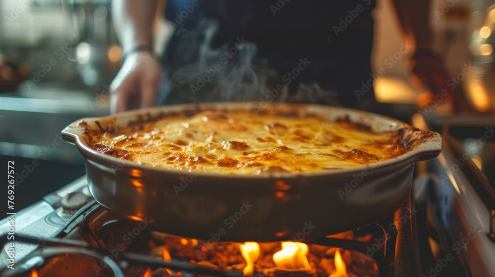 Baking moussaka step by step in traditional oven