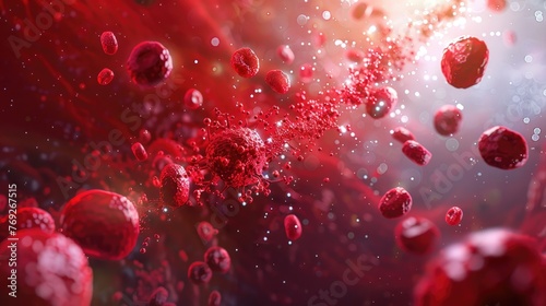 A dynamic scene of nanoparticles flowing through a bloodstream targeting and destroying cancer cells