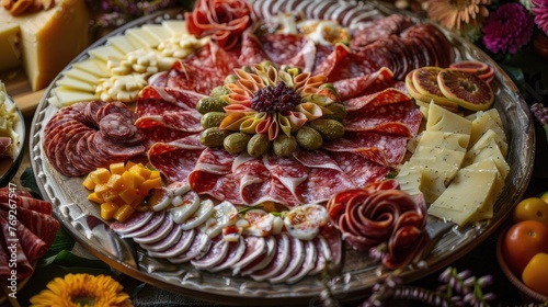 A luxurious charcuterie board with meats and cheeses arranged to form an intricate mandala pattern
