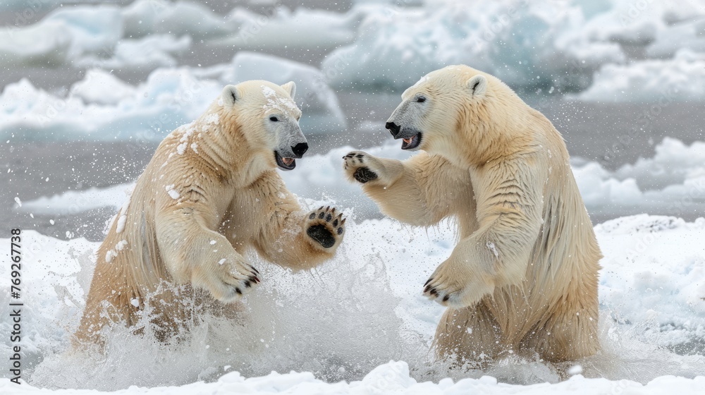 Two polar bears are frolicking in the snowy landscape