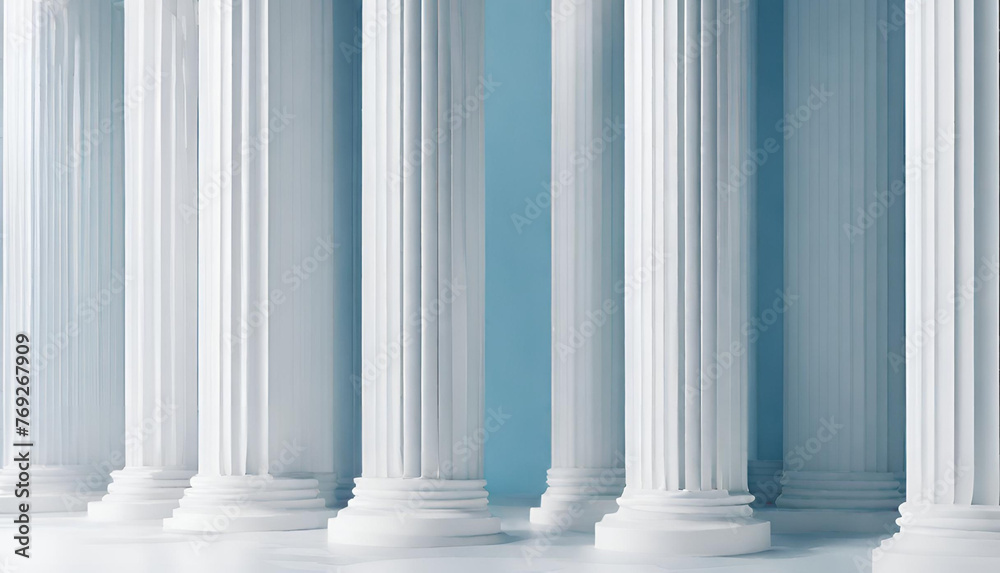 A blue and white building with columns and a blue background.
