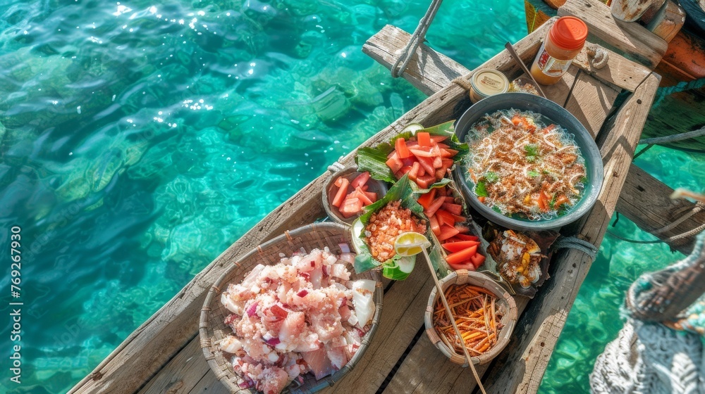 Fototapeta premium Ceviche preparation on wooden boat