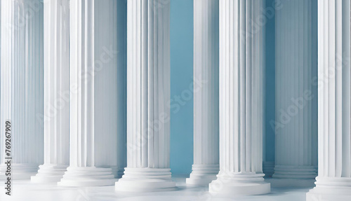 A blue and white building with columns and a blue background. 