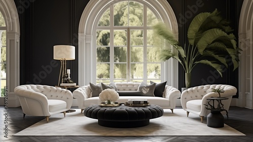 Luxurious Hollywood Regency home interior design, capturing the essence of a modern living room in a villa adorned with a cozy tufted curved round sofa and a velvet pouf on black parquet flooring, com