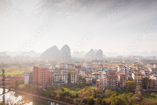 City buildings and mountains scenery in Guilin, Guangxi, China