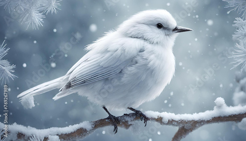 Winter Whimsy Little Cute Fluffy White Bird in Hoarfrost
 photo