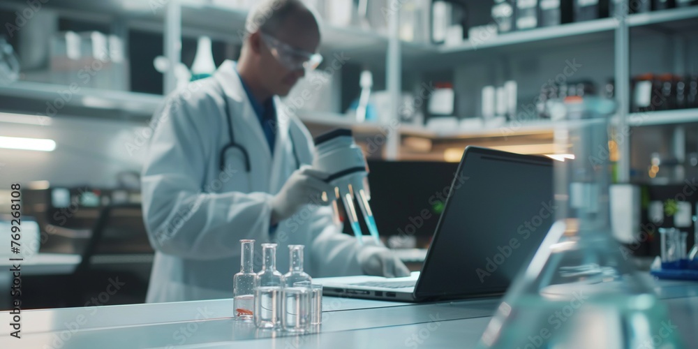 Scientists are reviewing on a laptop, lab samples are in the forefront, and molecular modeling in drug discovery