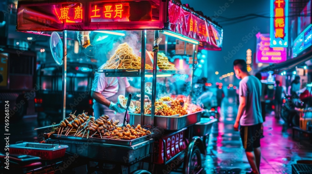 Chow Mein street food cart under neon lights
