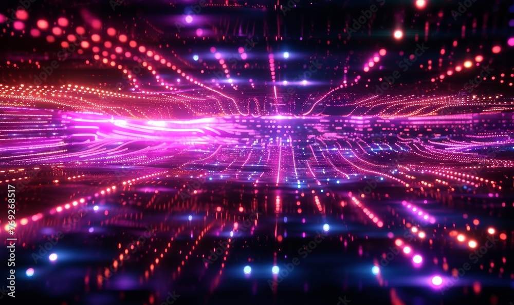 3d render, abstract neon background with glowing lines and dots, cyber space metaphor, digital futuristic wallpaper, Generative AI 