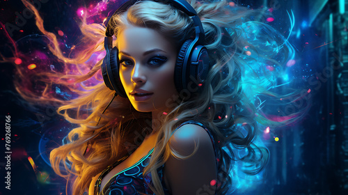 portrait of a woman. Female DJ with abstract background. Colorful and vibrant image.