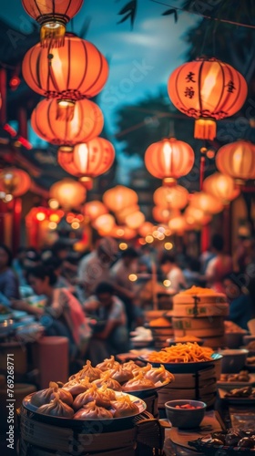 Dumplings under lantern glow festival night