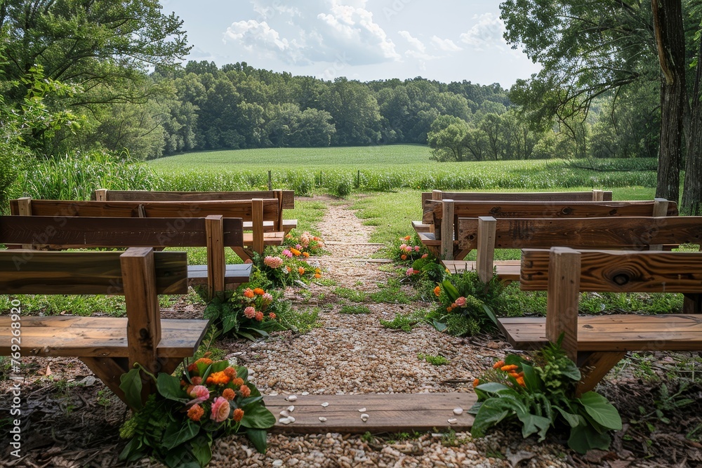 Wooden benches adorned with flowers line the path to a rustic outdoor wedding ceremony in a peaceful meadow Wooden benches adorned with flowers line the path to a rustic outdoor wedding ceremony in a peaceful meadow
