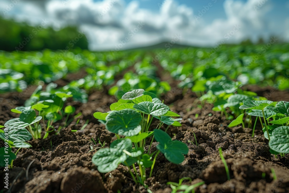 Close-up of soybean plants in a field with rich, brown soil and green crops filling the frame, under a blue sky Close-up of soybean plants in a field with rich, brown soil and green crops filling the frame, under a blue sky