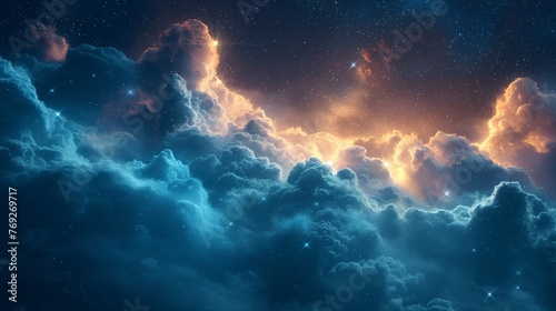 Black dark turquoise blue white night sky. Cloud star constellation galaxy nebula universe space dream fly sleep. Light moon glow twinkle. Fantasy  fantastic  epic. Wallpaper concept