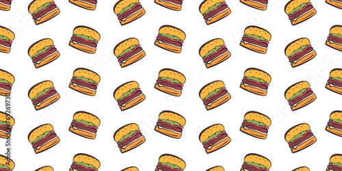 Bright colorful seamless pattern with doodle flat hamburgers on white background. Cartoon vector falling burger print for fast food restaurant or cafe menu banners, textile, wrapping paper, package