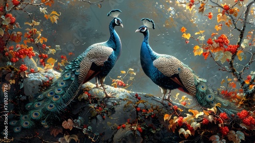 Two peacocks standing on a rock in a nature painting