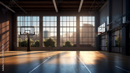 an AI-rendered image of a cinematic high-ceiling basketball court flooded with soft, 