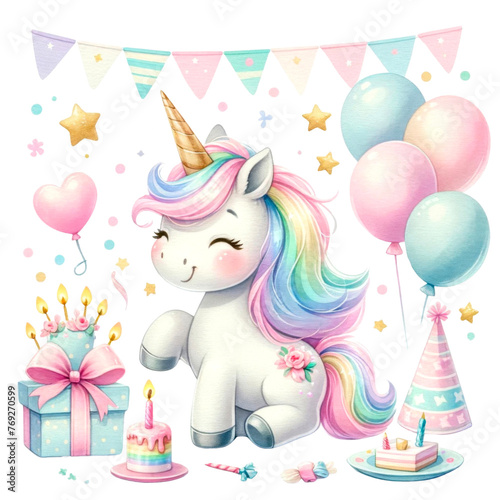 A colorful collection of illustrated rainbow unicorns in various poses with party accessories  perfect for birthday themes and children s decor.   Whimsical Rainbow Unicorn Clipart Collection 