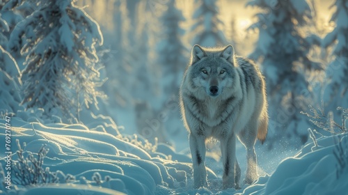 A carnivore wolf roaming in snowy woods, under electric blue skies