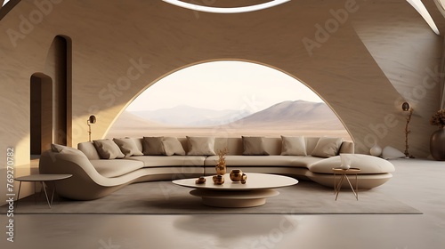 an AI-rendered image of a minimalist living room in Saudi Arabia