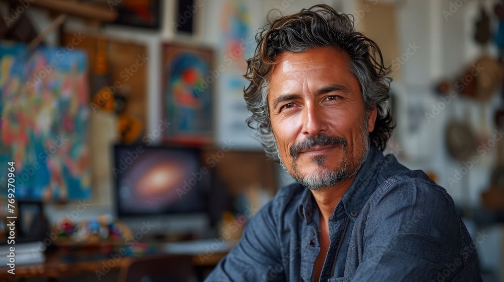 Relaxed mature man with salt-and-pepper hair smiling gently in his well-lit art studio