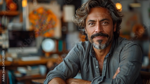 Reflective male artist with arms crossed and a pondering expression in his personal studio