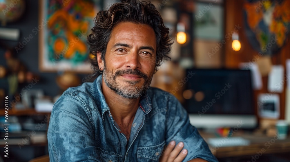 Confidently smiling, casually dressed man in denim sits in a workspace with creative background and laptop Confidently smiling, casually dressed man in denim sits in a workspace with creative background and laptop
