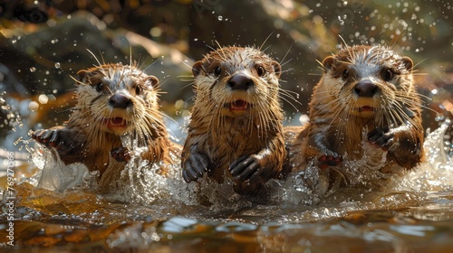 Three otters, carnivorous mustelidae, with whiskers and snouts, running in water © yuchen