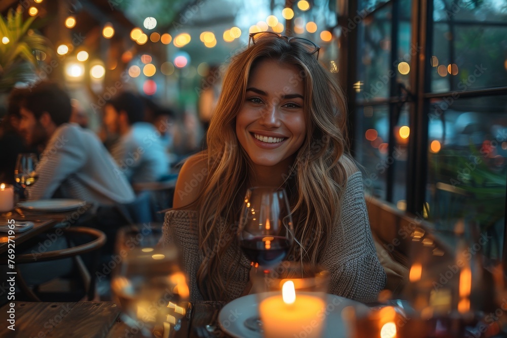 An engaging woman with a radiant smile enjoys dinner in a warmly lit restaurant ambiance An engaging woman with a radiant smile enjoys dinner in a warmly lit restaurant ambiance
