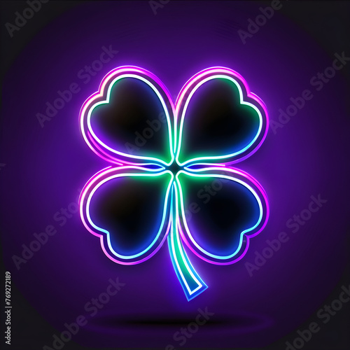 Purple Neon Four-Leaf Clover Icon: Captivating and Modern Symbol Design(Generative AI)