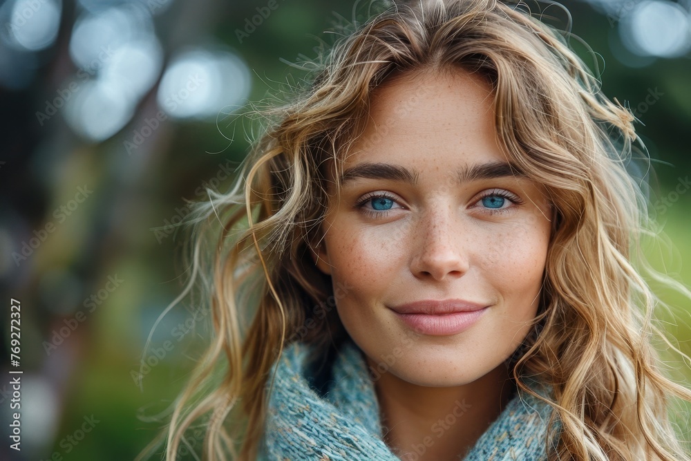 Intimate close-up of a beautiful young woman with dazzling blue eyes and a blue scarf, showing natural allure Intimate close-up of a beautiful young woman with dazzling blue eyes and a blue scarf, showing natural allure