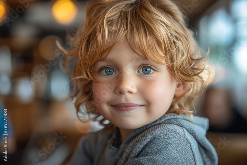 Close-up of a cheerful toddler with curly hair and bright eyes, exuding innocence and joy