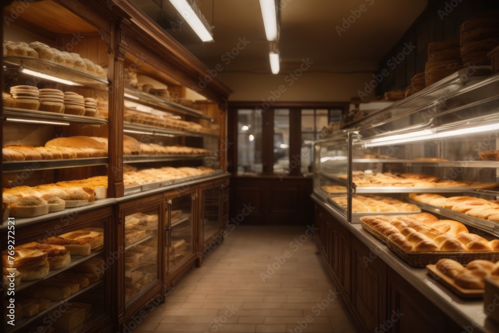 Fresh baked bread from the oven on the shelf of the old town bakery