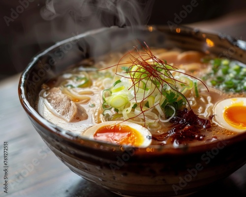 Ramen in artisanal pottery soft lighting photo