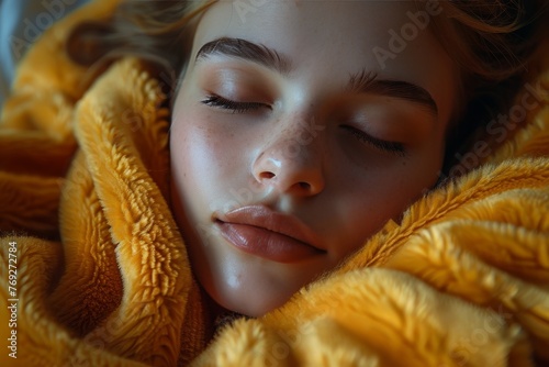 A serene young girl sleeping cozily wrapped in a plush yellow blanket, depicting comfort and peace photo