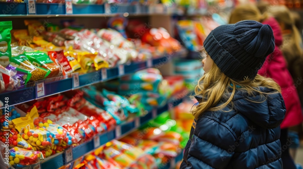 A woman is seen looking closely at various candies displayed in a store, assessing her options before making a selection.