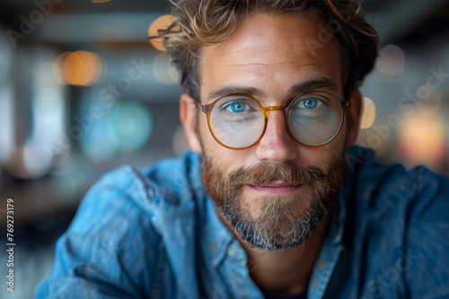 Detailed portrait of a bearded man with captivating blue eyes wearing round glasses photo