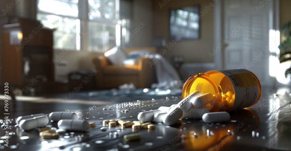 Closeup of a bottle of prescription pills placed on top of a table. Closeup of a bottle of prescription pills placed on top of a table.