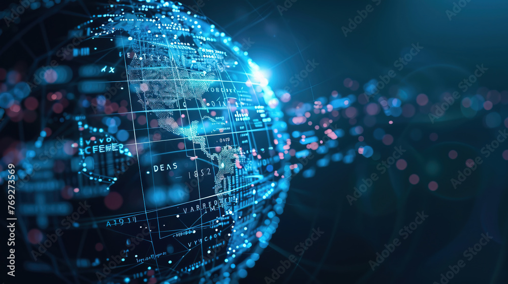 Digital world globe centered on USA, concept of global network and connectivity on Earth, data transfer and cyber technology, information exchange and international telecommunication. Business map